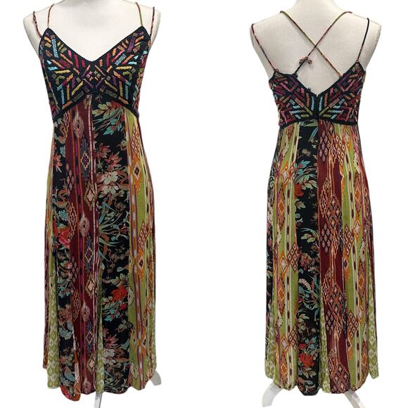Anthropologie Dresses & Skirts - Anthropologie Boho Multi-Print Embroidered V-Neck Maxi Dress Art-to-Wear Fairy